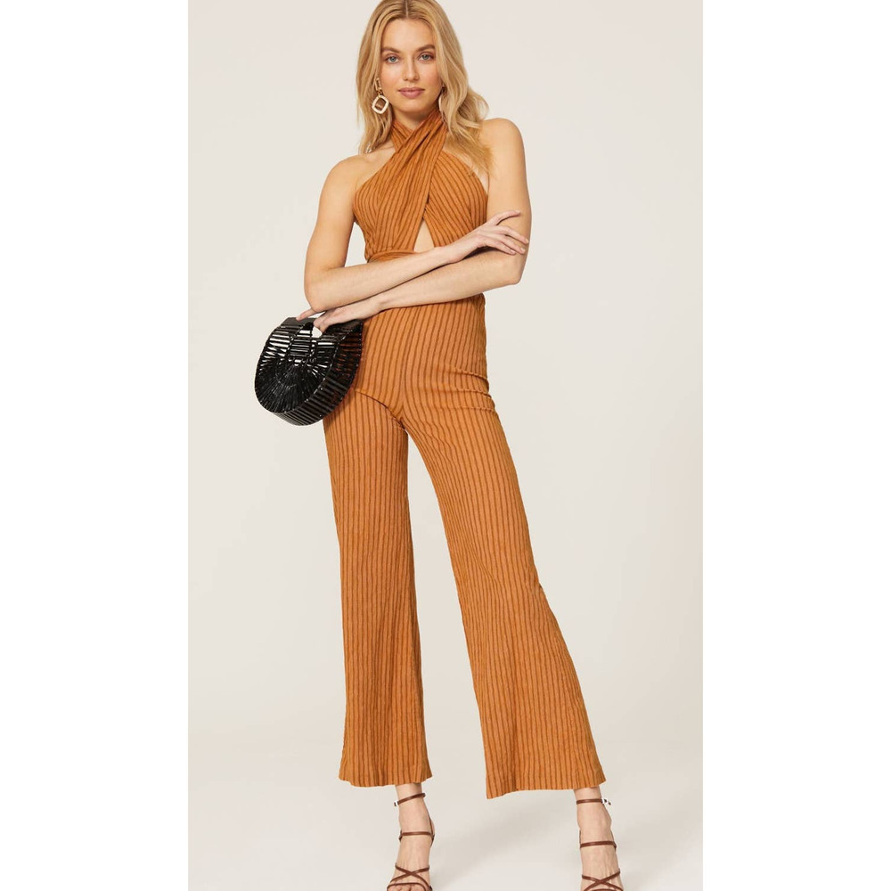 Third Form Jumpsuit Crossing Over Halter Ribbed Orange Size 2